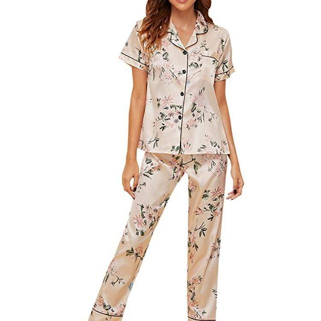 MakeMeChic Women's Flamingo and Tropical Print V Neck Wrap Top and Pants Pajama Sets