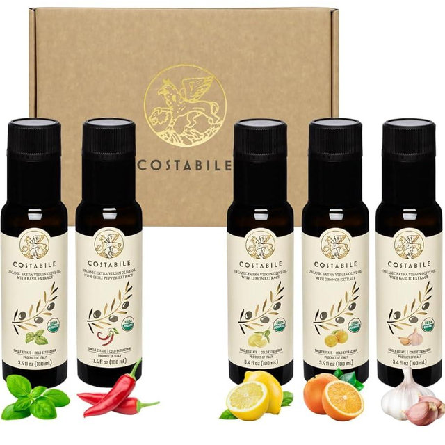 Infused Olive Oil Gift Sets - Organic Puglia Olive Oil Sampler Gift Set. Ideal for Italian and Edible Baskets. Gourmet Box for Food Lovers of 5 x 3.45 Fl.Oz.