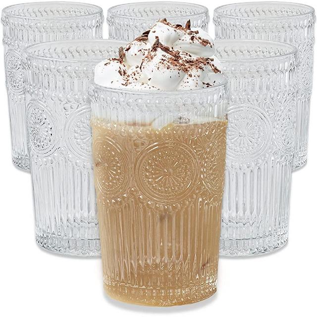 Vintage Textured Clear Striped Drinking Glasses Set of 6 - 13 oz Ribbed Glassware Set with Flower Design | Cocktail Set, Juice Glass, Water Cups