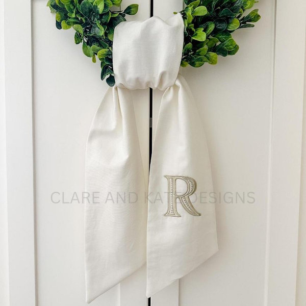 Monogram Wreath Sash, Wreath Sash For Front Door, Embroidered Front Door Bow, Initial Door Sash, Monogram Wreath Ribbon,Wreath Scarf
