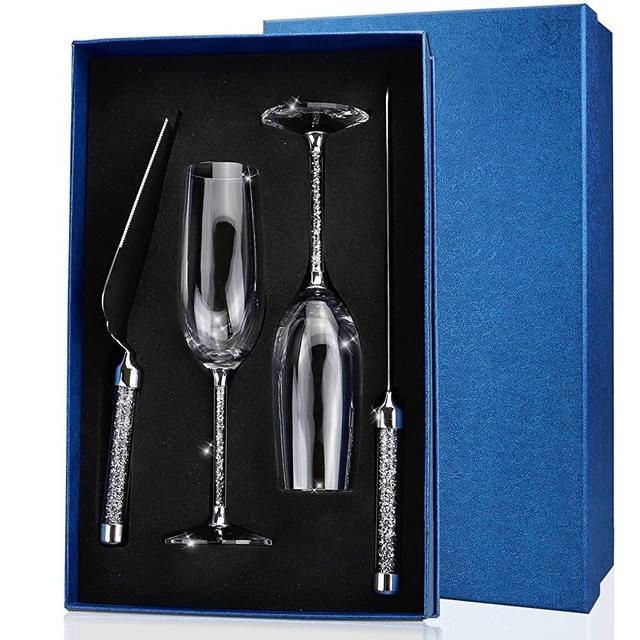 Wedding Cake Knife and Server Set, Luxury Crystal Champagne Flutes Glasses with Silver Diamond Handle, Cake Cutting Set for Wedding, Toasting Champagne Flutes for Bride and Groom, Mr and Mrs Gifts