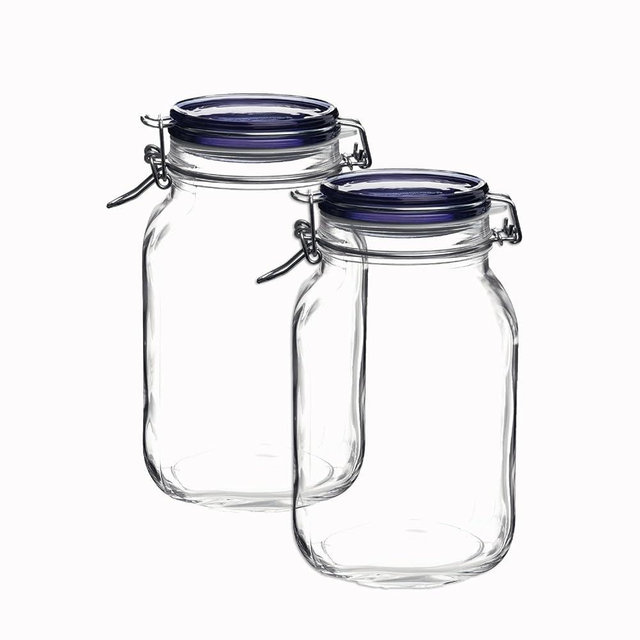 Bormioli Rocco Fido Collection, 2 Pack, 67.75 Oz. Food Storage Glass Jars, Airtight Rubber Seal & Glass Lid, With Stainless Wire Clamp,Made In Italy.