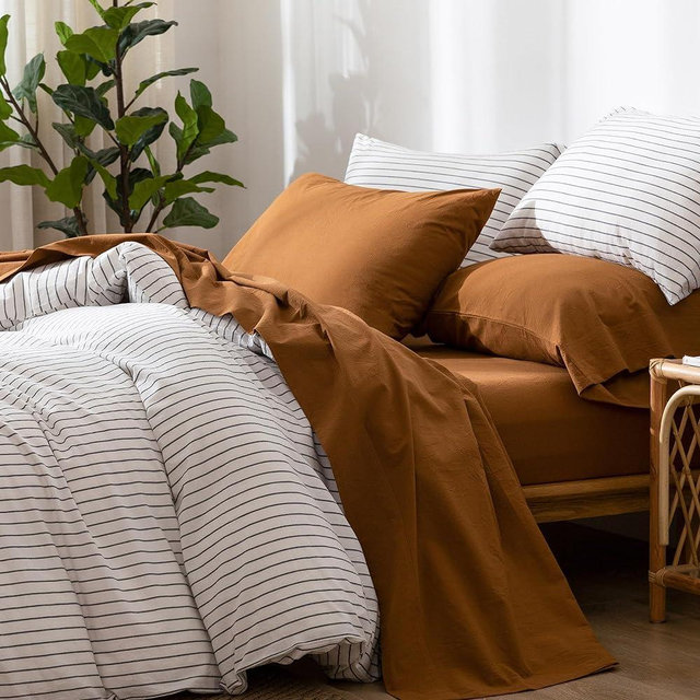 MooMee Bedding Sheet Set 100% Washed Cotton Linen Like Textured Breathable Durable Soft Comfy (Dark Orange, King)