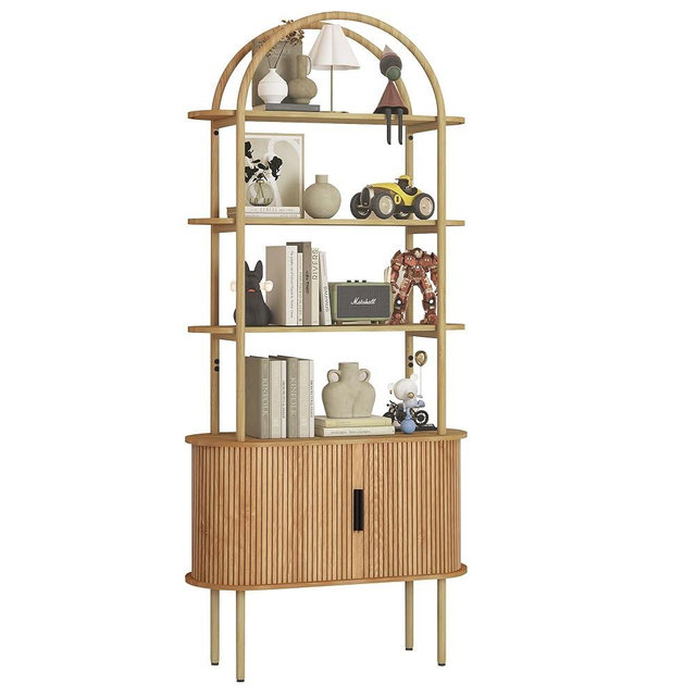 71" Tall Fluted Arched Bookshelf with Sliding Tambour Doors, Mid Century Modern Curved Bookshelf Cabinet with Storage, 4-Tier Open Display Storage Shelf for Home Office, Living Room (Natural)