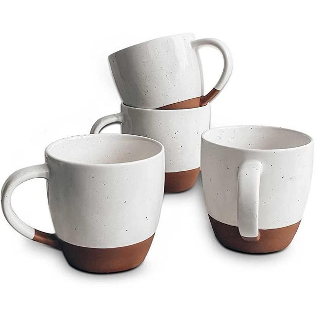 Mora Ceramic Large Latte Mug Set of 4, 16oz - Microwavable, Porcelain Coffee Cups With Big Handle - Modern, Boho, Unique Style For Any Kitchen. Microwave Safe Stoneware - Vanilla White