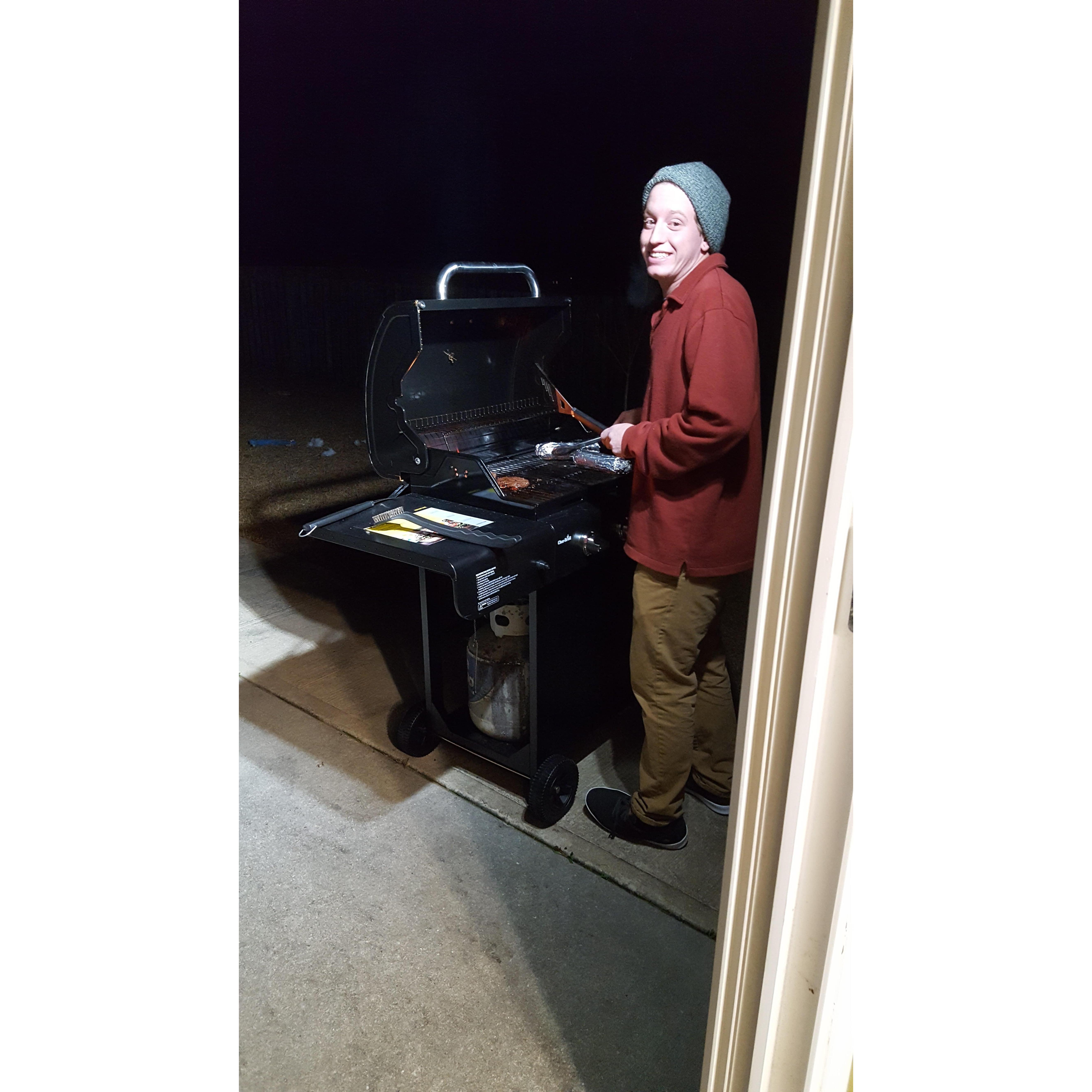 It was cold outside but we had to try out the new grill given to us by mom and dad!