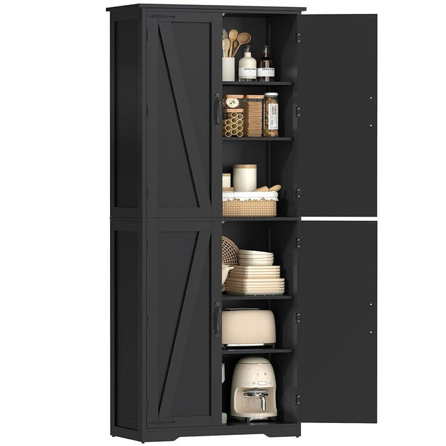TEENFON 67" H Pantry Cabinet, Farmhouse Storage Cabinet with Adjustable Shelves, Kitchen Pantry Cabinets with Barn Doors, Freestanding Cupboard for Kitchen, Dining Room, Living Room, Black