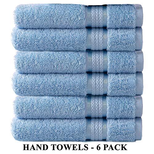 Cotton Craft Ultra Soft 6 Pack Hand Towels 16x28 Light Blue Weighs 6 Ounces Each - 100% Pure Ringspun Cotton - Luxurious Rayon Trim - Ideal for Everyday use - Easy Care Machine wash