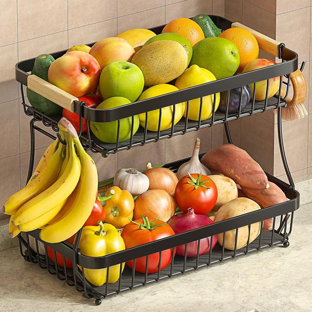 Sevenblue 2 Tier Fruit Basket for Kitchen Counter with 2 Banana Hangers, 2025 Pro Detachable Metal Fruit Bowl with Wooden Handle,Fruit Holder for Bread Snack Veggies, Black, Extra Large