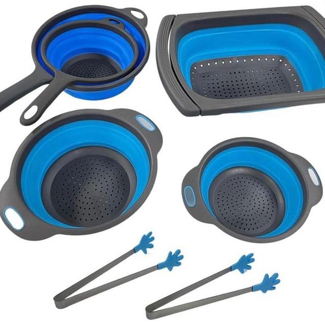 5-pack Collapsible Colander Set with Over the Sink Colander - Space-Saving Collapsible Strainers and Colanders for Easy Food Prep - By HomieHome (2 different blues in each set)