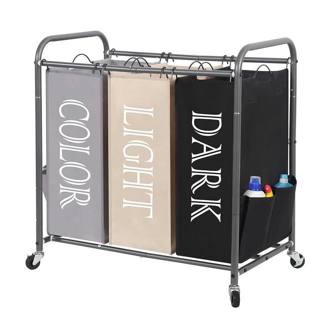 STORAGE MANIAC 3 Section Laundry Sorter, 3 Bag Laundry Hamper Cart with Heavy Duty Rolling Lockable Wheels and Removable Bags, Laundry Organizer Basket Clothes Separator Hamper, Multicolored