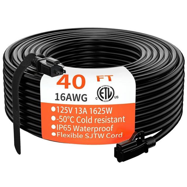 Indoor Outdoor Black Extension Cord 40 ft Waterproof, 16/3 Gauge Flexible Cold-Resistant Appliance Extension Cord Outside, 13A 1625W 16AWG SJTW, 3 Prong Heavy Duty Electric Cord, ETL HUANCHAIN