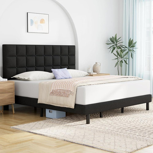 Twolike King Bed Frames with Headboard,Modern Upholstered Platforms Bed,and Strong Wooden Slats.No Box Spring Required. Easy Assembly,Black