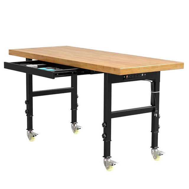 60" Heavy-Duty Solid Wood Work Bench Work Table with Drawers, Adjustable Height Portable Workbench with Power Outlets, 3000 Lbs Capacity Workstation for Garage, Workshop, Office, Shop