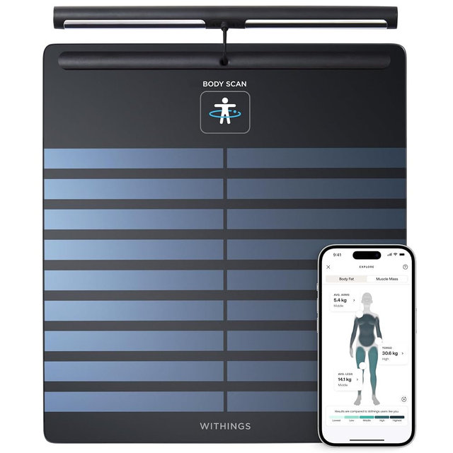 WITHINGS Body Scan - Smart Scale with Segmental Body Composition Analysis, Weighing Scales Body Weight & Vascular Age, Visceral Fat, Heart Rate, iOS/Android, Black
