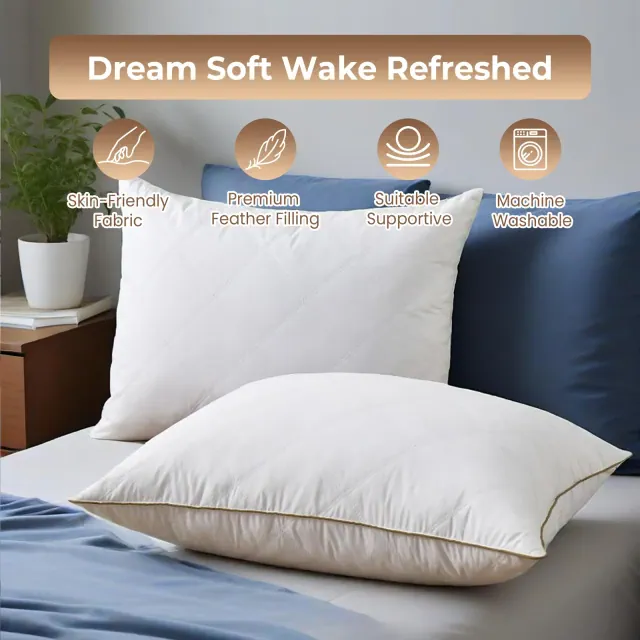 Peace Nest Medium-Firm Goose Feather Down Bed Pillows Set of 2 with Quilted Cover, Classic, Queen