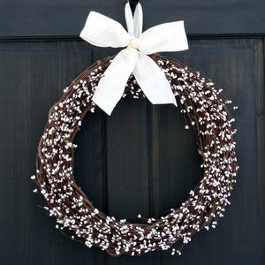Year Round Country Primitive White Pip Berry Wreath for Spring, Summer, Fall, Winter and Everyday Front Door Decor