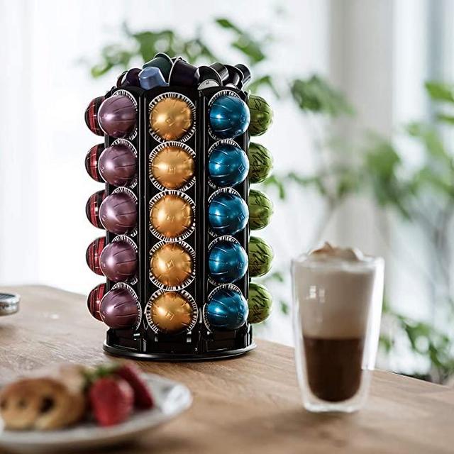 VELTEN Coffee Pod Holder Carrousel Compatible for Nespresso Vertuo, Large-Capacity, 360-Degree Rotation with Central Additional Storage (40 Pods)