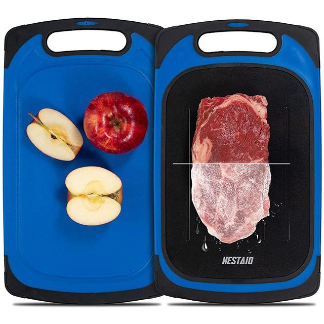 NESTAID 2 in 1 Defrosting Tray & Cutting Board, Fast Thawing Meat Plate and Chopping Board for Kitchen, Defrosts Frozen Food, Large, Blue, 16x9.5x.5