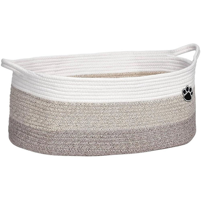 Optish Dog Toy Basket, Toy Box and Bin for Dog Cat Storage, 19.7" X 11" X 7.9" (30L) Large Woven Rope Basket for Blanket Storage, Living Room, Bedroom, White & Brown