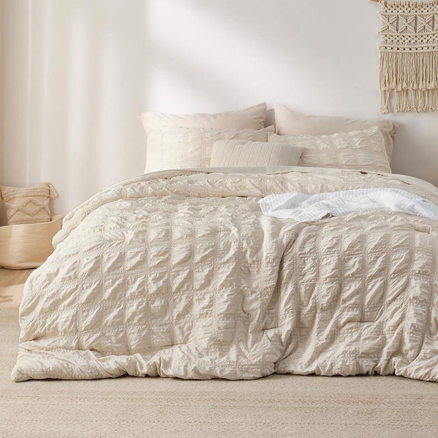 Bedsure Bed in a Bag Queen - Queen Comforter Set 7 Pieces Plaid Seersucker Bedding Set, Soft Lightweight Down Alternative Comforter, Queen Bed Set (Beige, Queen)