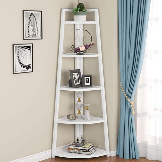 Tribesigns 70 inch Tall Corner Shelf, 5 Tier Modern Corner Bookshelf Industrial Corner Ladder Shelf Small Bookcase Plant Stand for Living Room, Kitchen, Home Office (White)