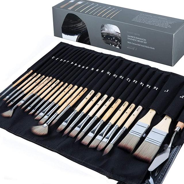 ARTIFY 24 pcs Paint Brush Set,Expert Series,Enhanced Synthetic Brush Set with Canvas Roll and Palette Knife for Acrylic Oil Watercolor Gouache(Birch)