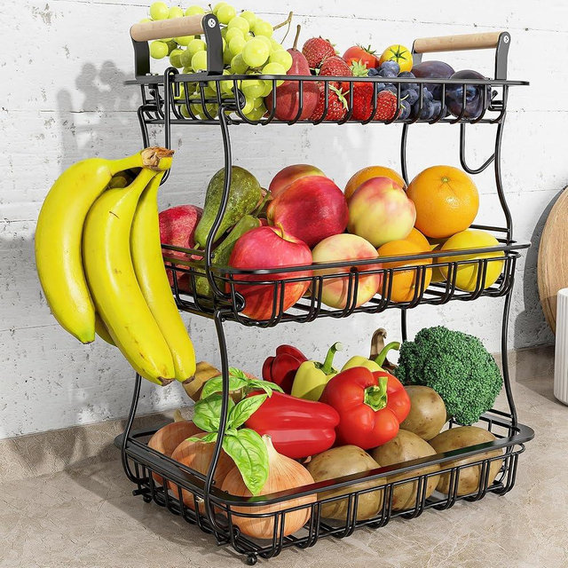 EACONPT 3-Tier Fruit Basket Bowl for Kitchen Countertop with 2 Banana Hanger,Detachable Fruit Vegetable Stand Storage Rack Organizer for Bread Veggies Snack