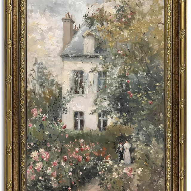 Gold Framed Vintage Floral Canvas Wall Art, Rose Garden Painting Picture Wall Decor, Neutral English Cottage Poster Print Artwork for Living Room, Bedroom, Country Room, Home Decoration 9x11in