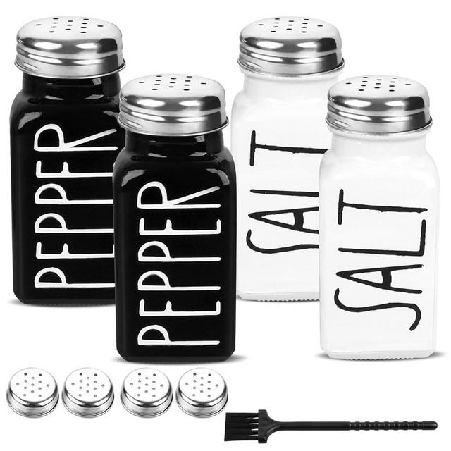 4 Pack Salt and Pepper Shakers Set, Glass Salt Shaker with Stainless Steel Lid, Modern and Cute Farmhouse Salt and Pepper Set (Black and White)