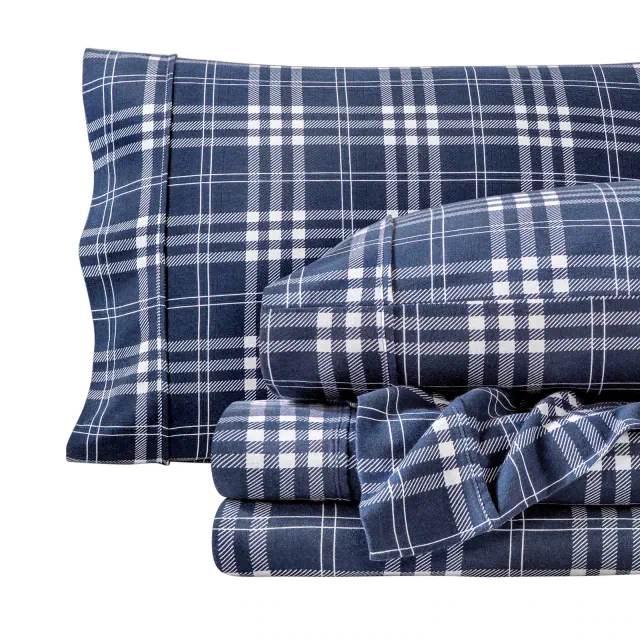Soft & Cozy 100% Cotton Flannel Printed Pattern Sheet Set by Bare Home - Queen, Stirling Plaid - Blue/White