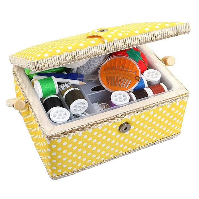 Large Sewing Basket with Accessories Sewing Organizer and Storage with Complete Sewing Kit Tools - Wooden Sewing Box with Removable Tray and Tomato Pincushion for Sewing Mending - Yellow