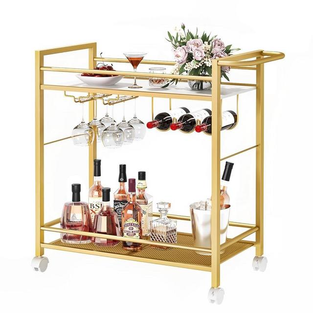 Joaxswe Bar Cart,Home Bar Serving Cart with Storage Shelves, 2 Tier Rolling Beverage Cart with Wheels, Modern Wine Cart with Wine Rack and Glass Holder for Kitchen, Living Room,Dinning Room,Gold