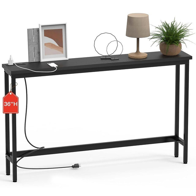 FAMIDGE 35'' High Behind Couch Table, Narrow Console Table with Outlet, Sofa Table for Entryway Hallway, Living Room, Black