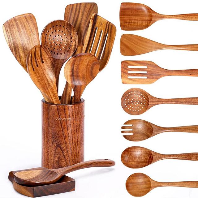 9 PCS Wooden Spoons for Cooking, Wooden Utensils for Cooking with Utensils Holder, Natural Teak Wooden Kitchen Utensils Set with Spoon Rest, Comfort Grip Cooking Utensils Set for Kitchen