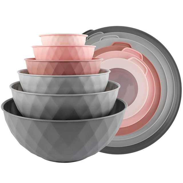 COOK WITH COLOR Mixing Bowls with Lids - 12 Piece Plastic Nesting Bowls Set includes 6 Prep Bowls and 6 Lids, Non Slip Bottom and Diamond Design - Microwave Safe (Mint)