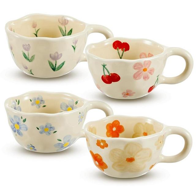 Vesici 4 Pcs Ceramic Coffee Mug Creative Flower Mug 8.5 oz Irregular Coffee Cups Ceramic Porcelain Flower Tea Cup with Handle Dishwasher Microwave Safe for Office and Home, Latte Juice Milk, 4 Styles
