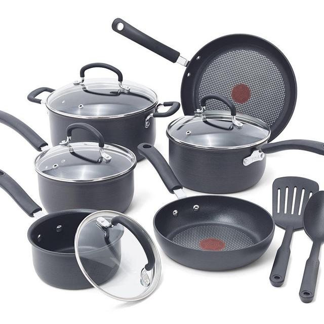 T-fal E765SC Hard Anodized Cookware Set, Nonstick Pots and Pans Set, Thermo-Spot Heat Indicator, 12 Piece, Gray