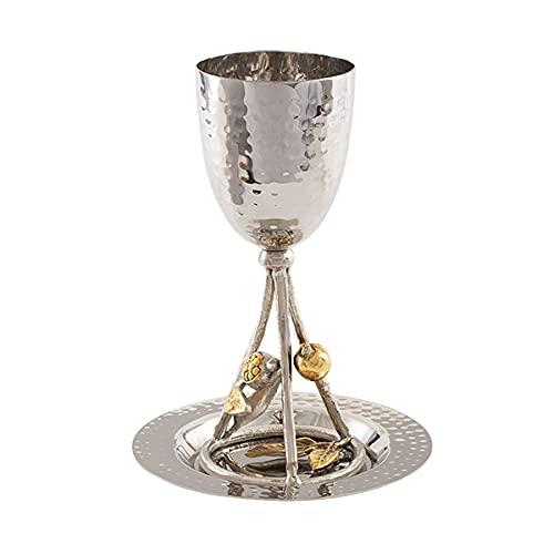 Yair Emanuel Kiddush Cup and Saucer | Hammer Work with Gold Accent Decorations | Unique Wine Goblet Jewish Judaica (Pomegranates CUW-1)