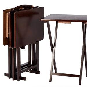 Amazon Basics Portable Foldable TV Tray Table with Storage Rack, Space-Saving Design, Sturdy Wood, 14.6"L x 19"W x 26"H, Espresso, 4-Pack
