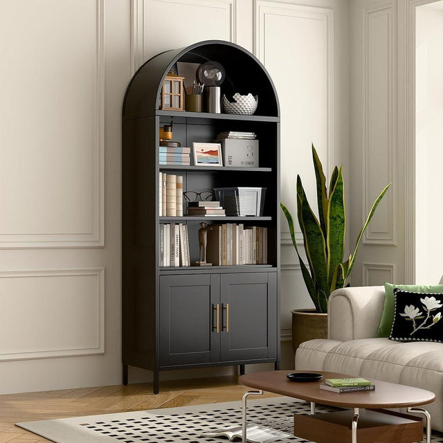 VEXPOR 73 in Tall Metal Arched Cabinet, 5-Tier Arched Bookcase with Doors, Modern Farmhouse Bookshelf with 2 Adjustable Shelves, Kitchen Pantry Cabinet for Living Room, Black, Assembly Required