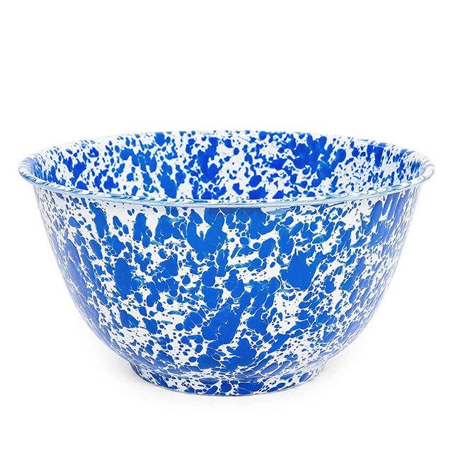 Enamelware Salad Bowl, 4 quart, Blue/White Splatter
