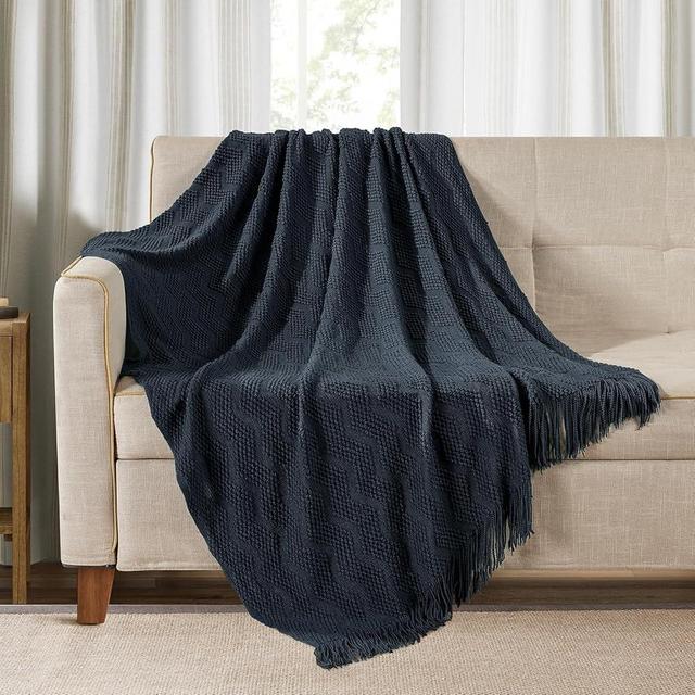BOURINA Throw Blanket Textured Solid Soft Throws and Blankets for Sofa or Bed Knitted Decorative Blanket Ripple 50x60 Inches Navy