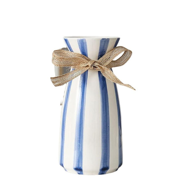 Ceramic Vase-Small Vases for Flowers,Ceramic Vases for Home Decor,Modern Vase for Living Room Bedroom Dining Room Office Bookshelf Decor (White with Blue Stripes)