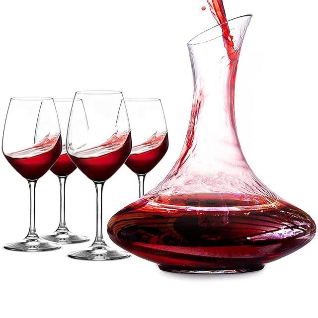 Wine Decanter 750ml with Wine Glasses Set 4 (60ounce 1.8liter) - Hand Blown Crystal Glass, Wine Carafe, Wine Aerator, Wine Accessories and Gift, Crystal Decanter