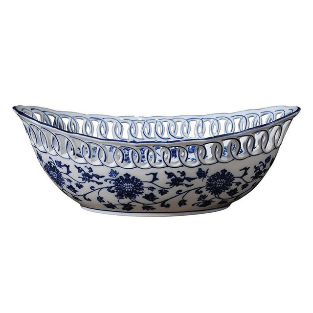 10'' Blue and White Porcelain Fruit Bowl, Hand Painted Floral Retro Hollow Ceramic Fruit Tray Plate Dish, Colander, Chinoiserie Oval Decorative Candy Serving Basket for Housewarming Gift, Mother's Day
