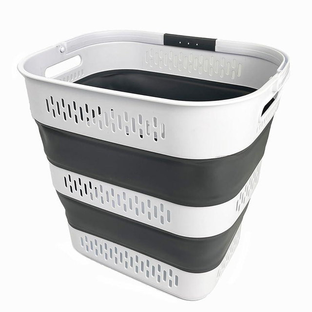 SAMMART 40L (10.5 Gallon) Collapsible Plastic Laundry Basket with Handles - Foldable Pop Up Storage Container/Organizer - Portable Laundry Hamper - Space Saving (1, White/Steel Grey)