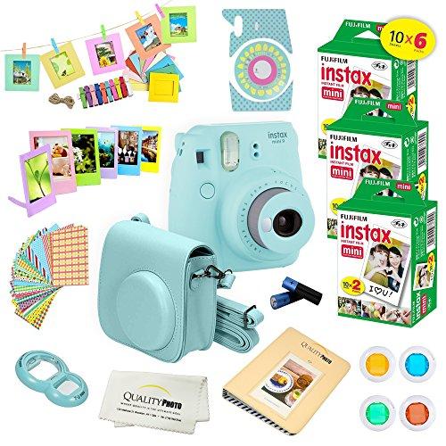 Fujifilm Instax Mini 9 Instant Camera ICE Blue w/Fujifilm Instax Mini 9 Instant Films (60 Pack) + A14 Pc Deluxe Bundle for Fujifilm Instax Mini 9 Camera