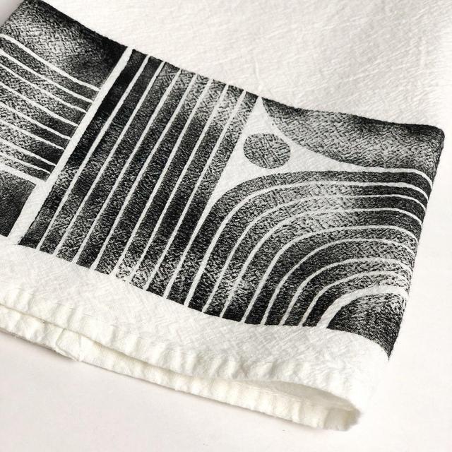 Premium Black and White - Modern Lines Tea Towel - Block Printed Kitchen Towel
