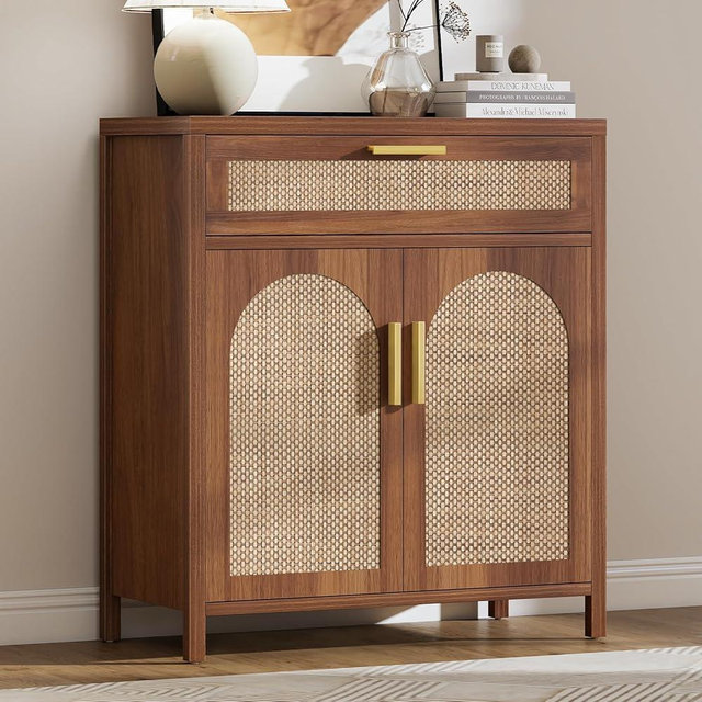 Curlaky Rattan Buffet Cabinet with Storage, Sideboard Cabinet with Doors and Shelves, Accent Coffee Bar with Drawers, Farmhouse Kitchen Storage Cabinets, credenza for Entryway, Living Room Walnut